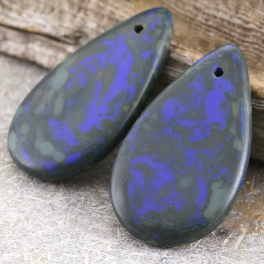 HAND CRAFTED Czech Glass Teardrop EARRINGS Matte Cobalt Blue Picasso NWT